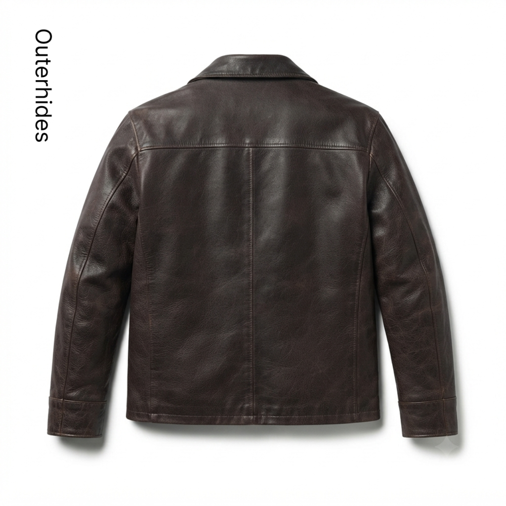 Men's Distressed Brown Leather Car Coat Jacket — Vintage Boxy Button Front - image 3