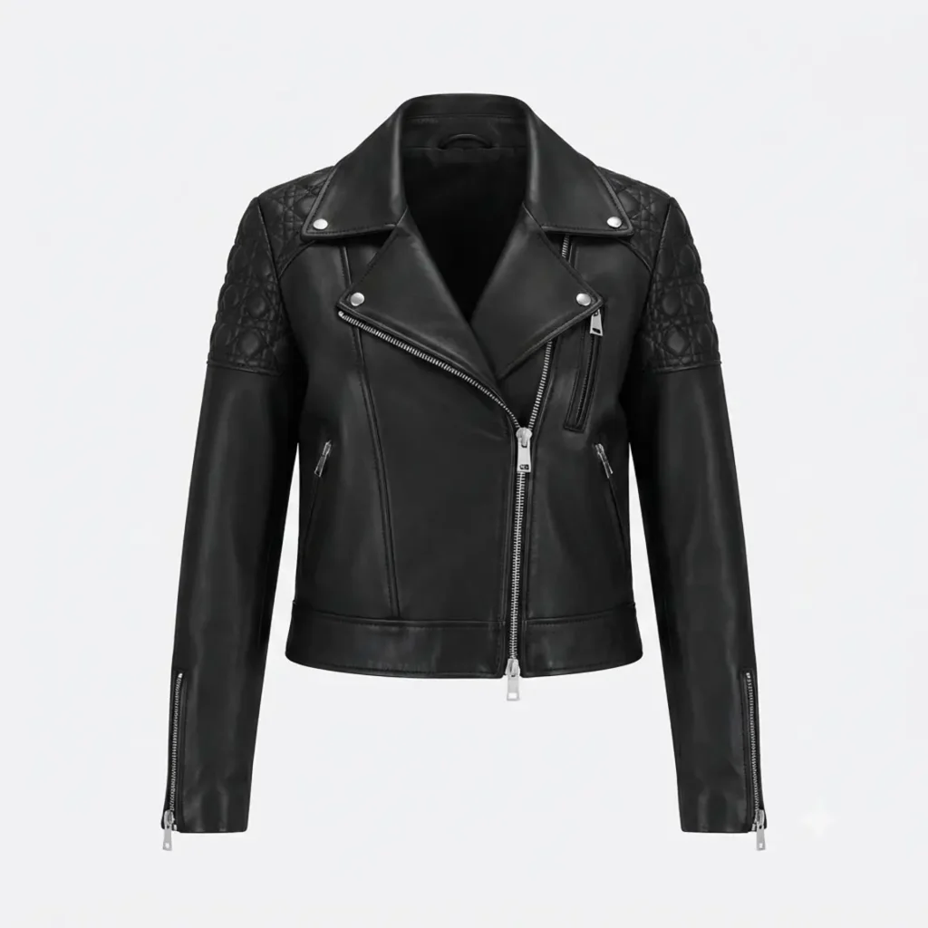 Emma Roberts Inspired Black Quilted Shoulder Leather Biker Jacket – Women's Diamond Cannage Moto Jacket - image 3